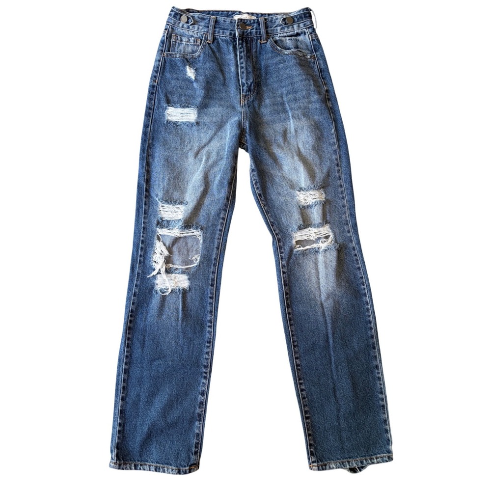 KanCan Signature 90s Straight Distressed High Rise Jeans Medium Wash‎ Denim